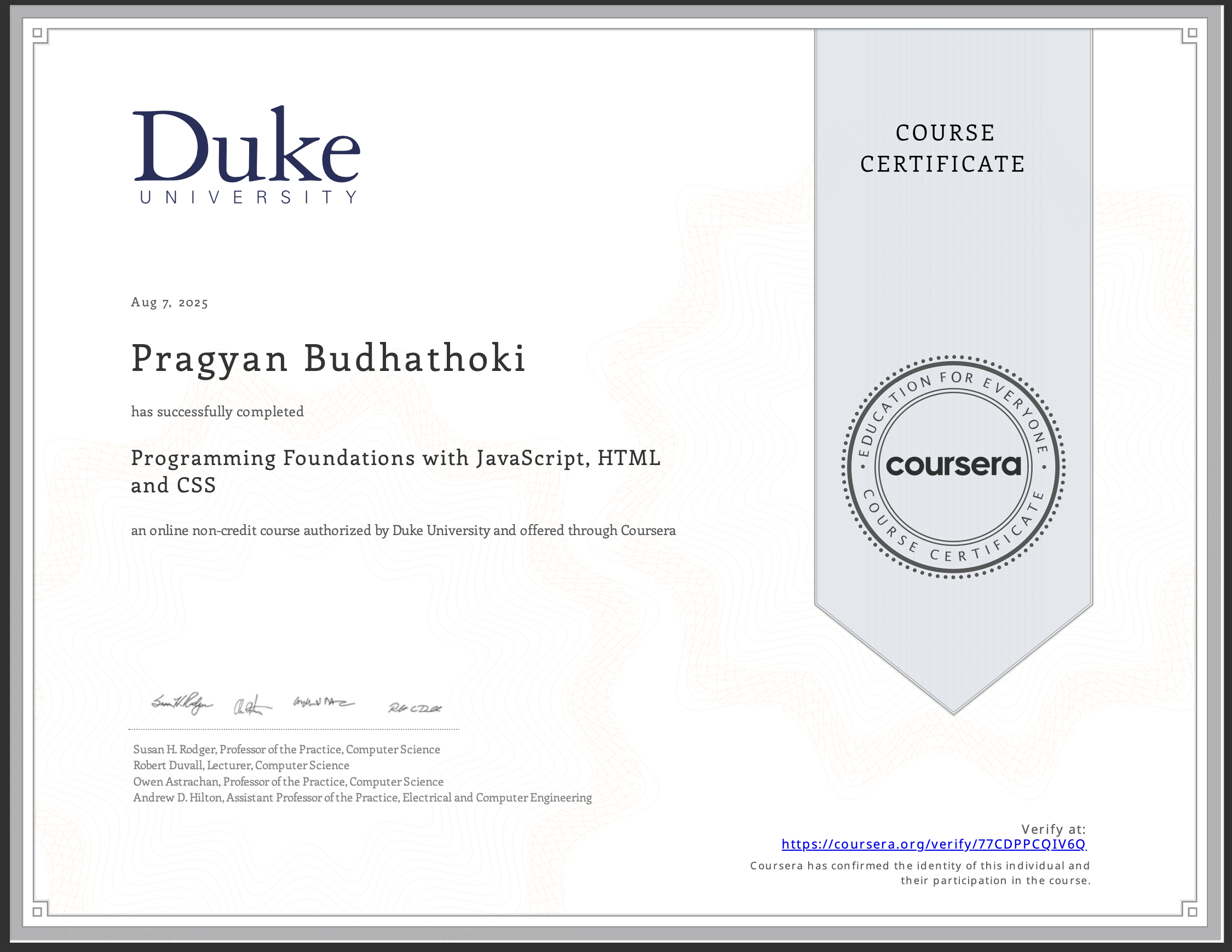 Duke University Certification